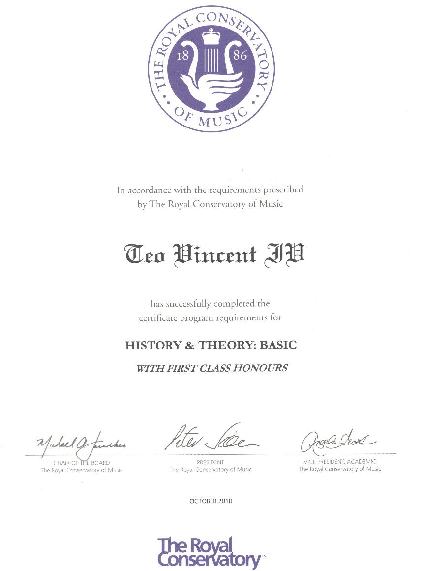 Teo Vincent IV Certificate With Highest Honors from RCM The Royal Conservatory Of Music